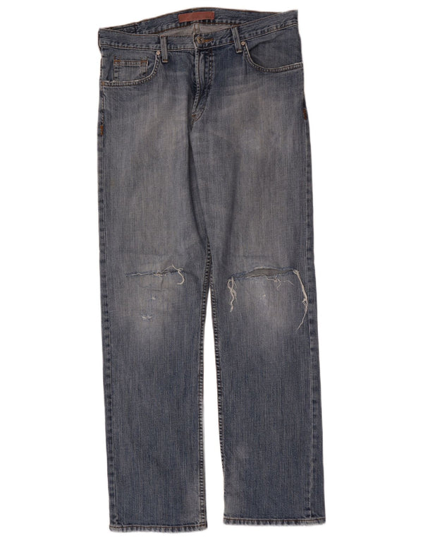 Lee Mens Distressed Straight Jeans W34 L34 Blue Cotton