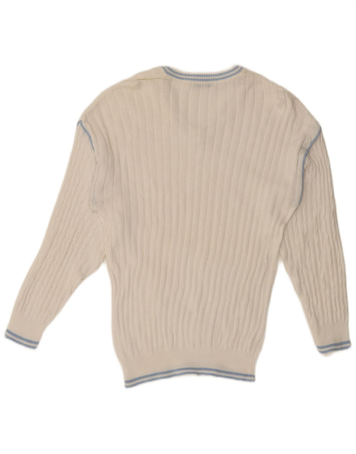 VINTAGE Mens V-Neck Jumper Sweater Small White Cotton