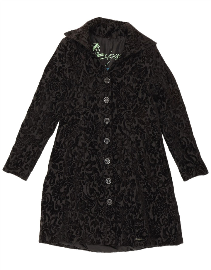 DESIGUAL Womens Graphic Overcoat IT 42 Medium Black Floral Viscose