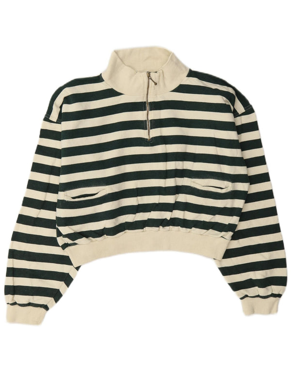 Vintage Womens Crop Zip Neck Sweatshirt Jumper UK 12 Medium Green Striped