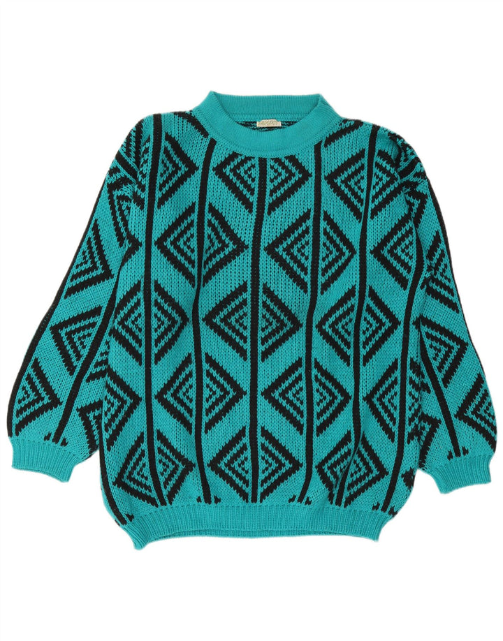 Vintage Mens Turtle Neck Jumper Sweater Large Turquoise Geometric Wool