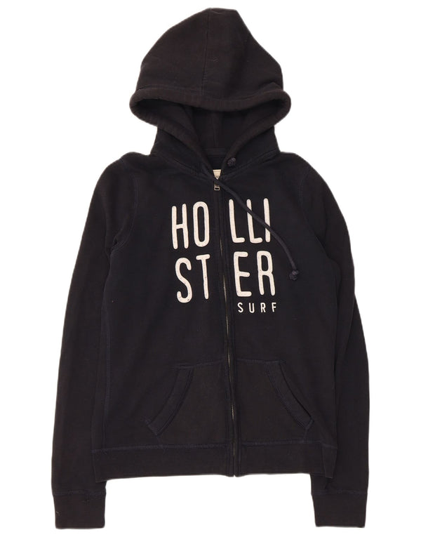 HOLLISTER Womens Graphic Zip Hoodie Sweater UK 12 Medium Black