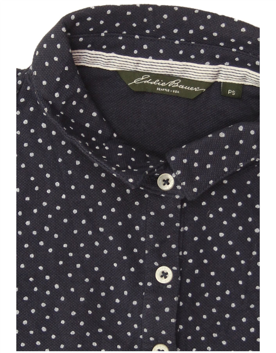 EDDIE BAUER Womens Polo Shirt UK 10 Small Navy Blue Polka Dot