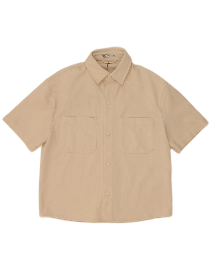 Zara Mens Short Sleeve Shirt Medium Beige Polyester