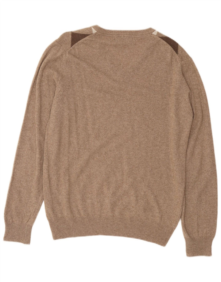 CONSENSO Mens V-Neck Jumper Sweater Medium Brown Argyle/Diamond Wool