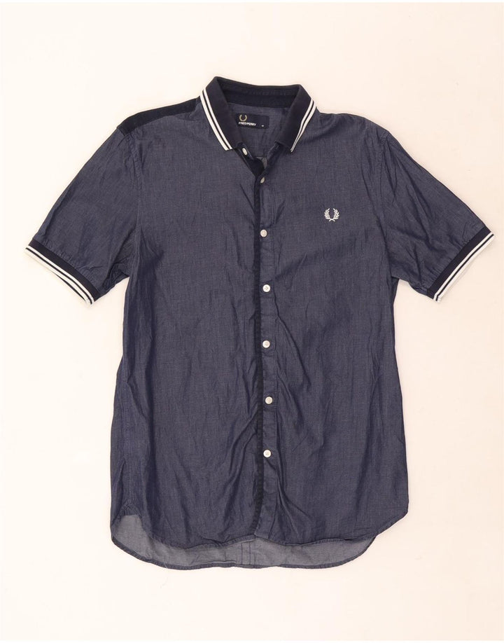Fred Perry Mens Short Sleeve Shirt Medium Navy Blue Striped Cotton