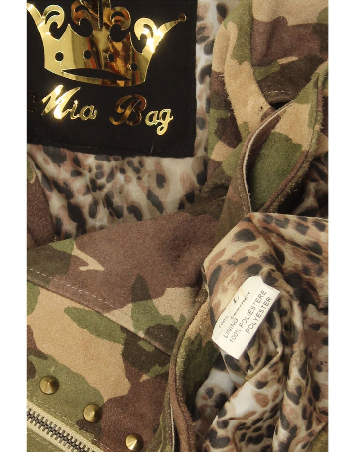 Vintage Womens Suede Biker Jacket UK 16 Large Green Camouflage Leather