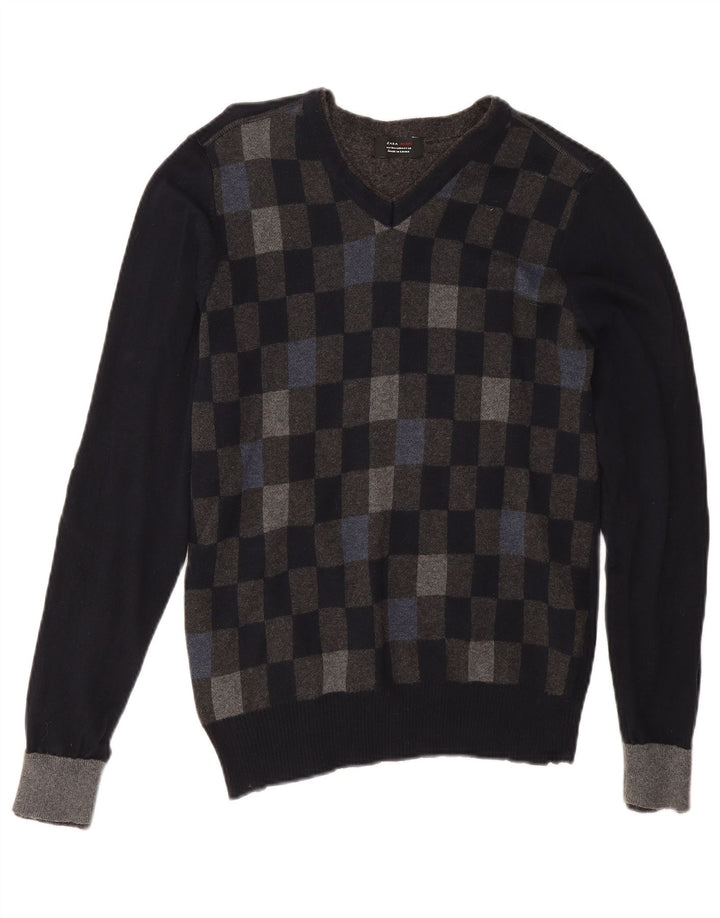 Zara Mens V-Neck Jumper Sweater Medium Black Geometric Cotton