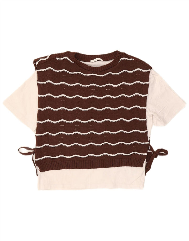 ZARA Womens Crew Neck Jumper Sweater UK 14 Medium Brown Striped