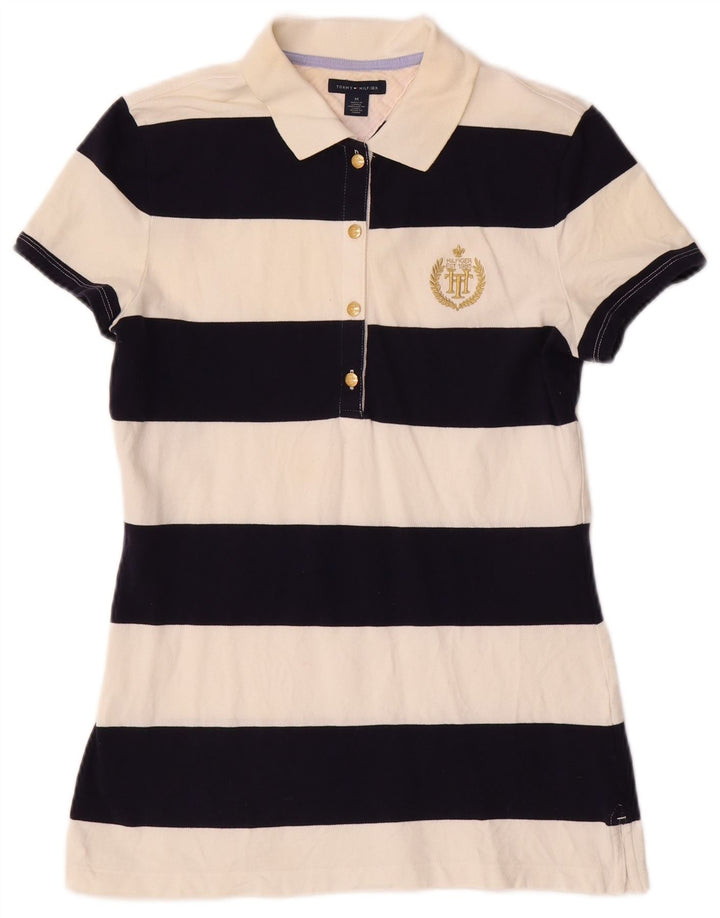 TOMMY HILFIGER Womens Polo Shirt UK 12 Medium Off White Striped Cotton