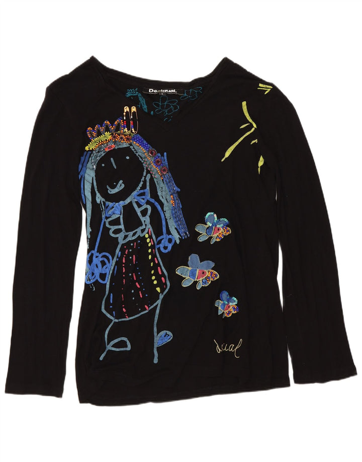 DESIGUAL Womens Graphic Top Long Sleeve UK 16 Large Black
