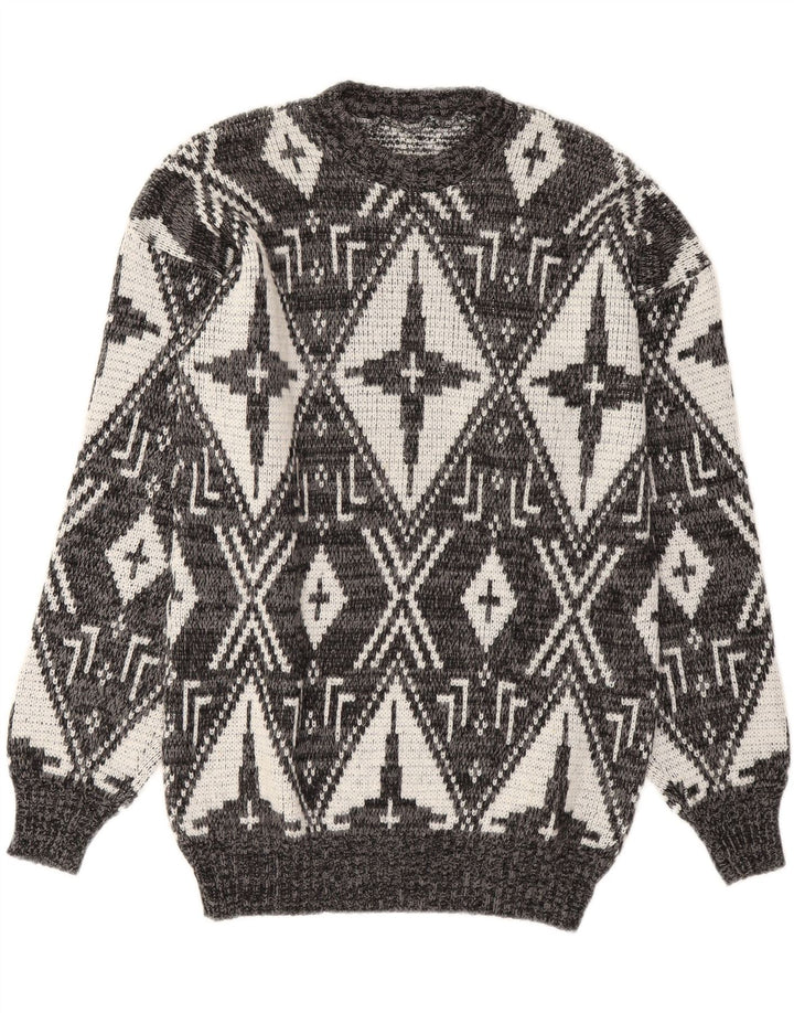 VINTAGE Mens Crew Neck Jumper Sweater Medium Grey Geometric Vintage Vintage and Second-Hand Vintage from Messina Hembry 