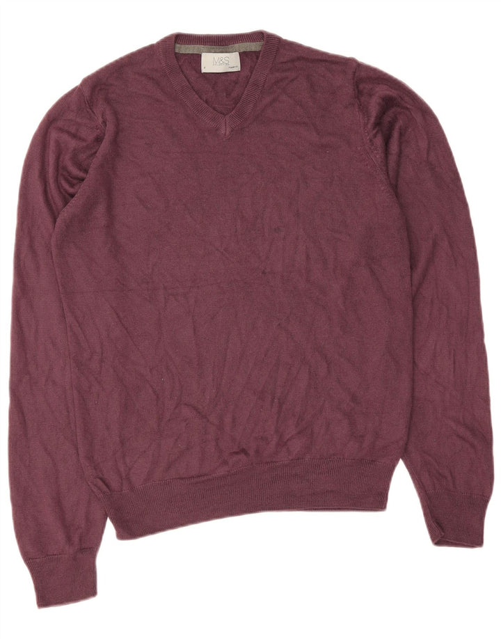 Marks & Spencer Mens Regular Fit V-Neck Jumper Sweater Small Burgundy