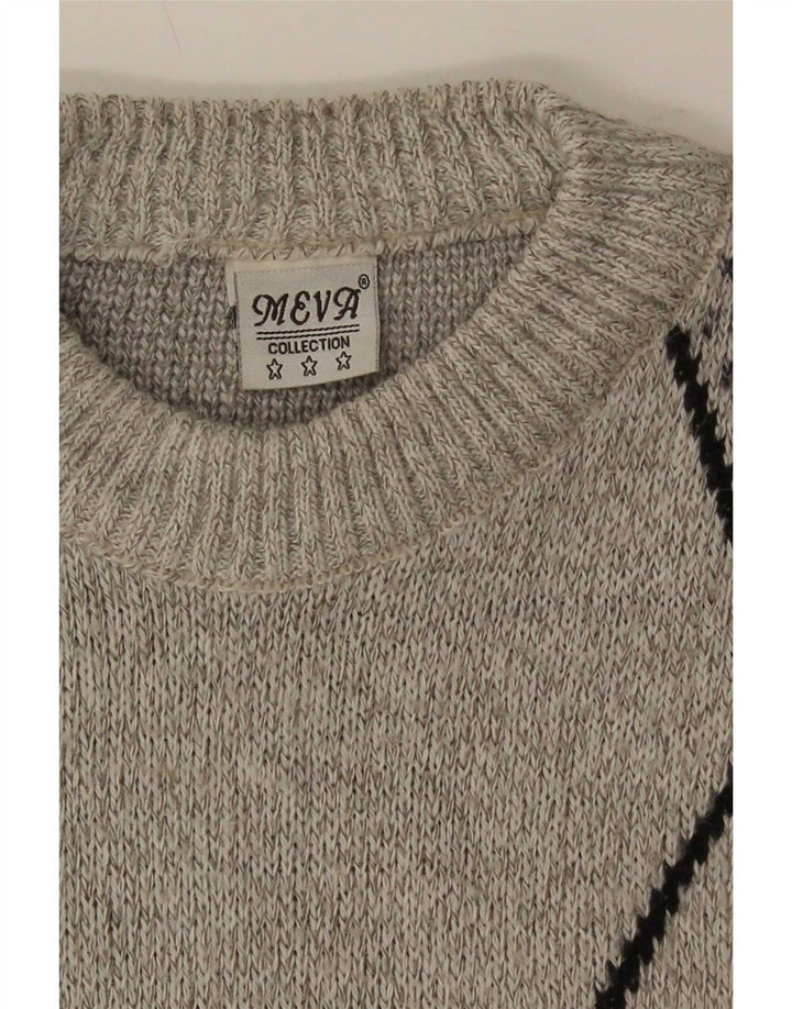 Vintage Mens Crew Neck Jumper Sweater Large Grey Geometric Wool
