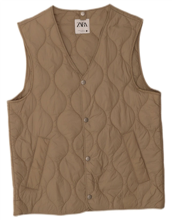 Zara Mens Quilted Gilet UK 38 Medium Beige Polyester