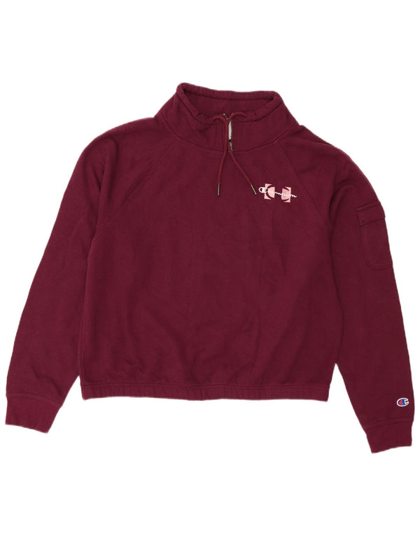 Champion Womens Crop Zip Neck Sweatshirt Jumper UK 18 XL Burgundy Cotton