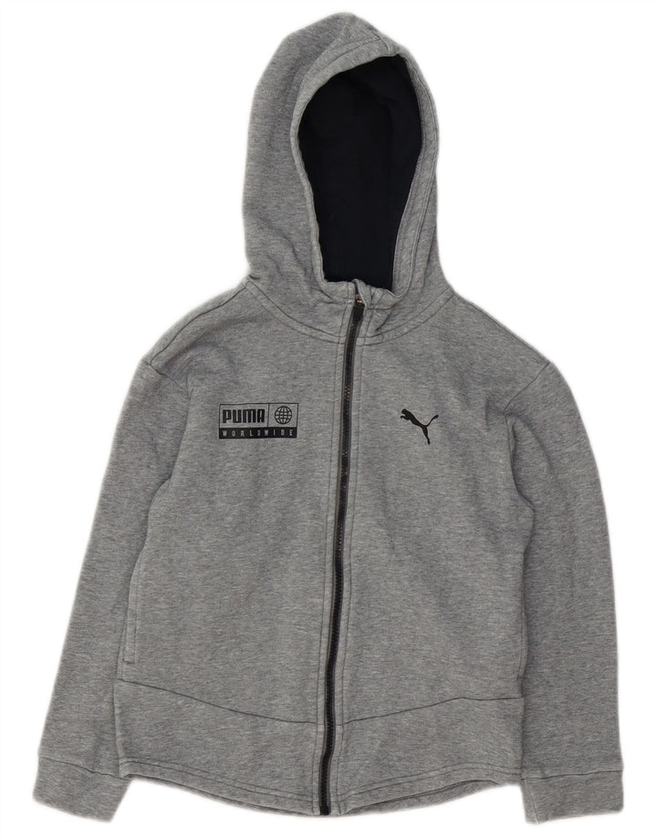 PUMA Boys Graphic Zip Hoodie Sweater 9-10 Years Grey Cotton