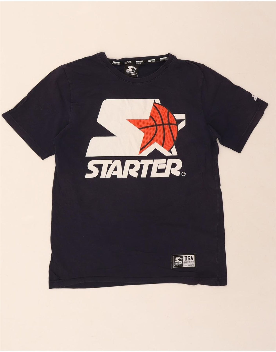 STARTER Mens Graphic T-Shirt Top Small Navy Blue Cotton Vintage Starter and Second-Hand Starter from Messina Hembry 