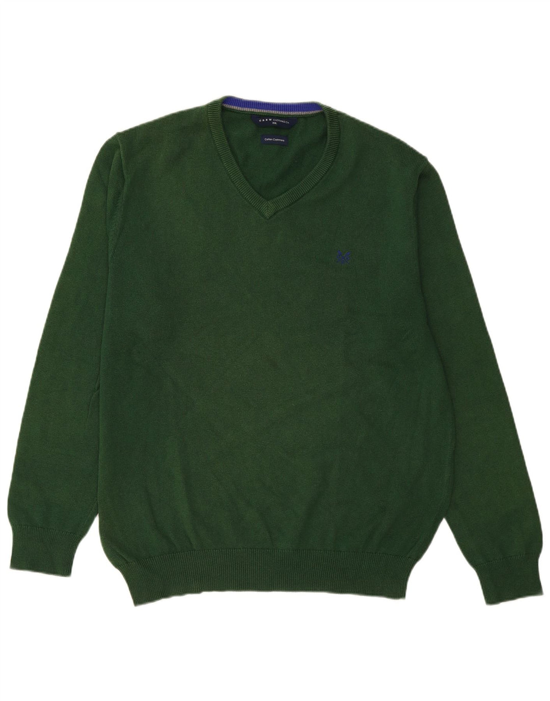 CREW CLOTHING Mens V-Neck Jumper Sweater 2XL Green Cotton