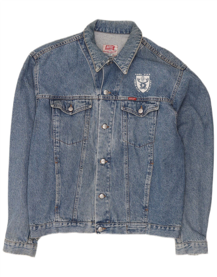 Rifle Mens Graphic Denim Jacket UK 44 2XL Blue Retro