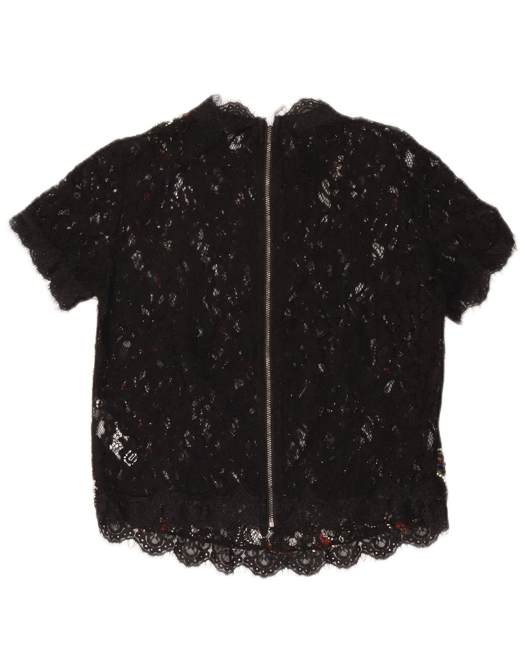 ZARA Womens See Through Lace Blouse Top UK 10 Small Black Floral Nylon