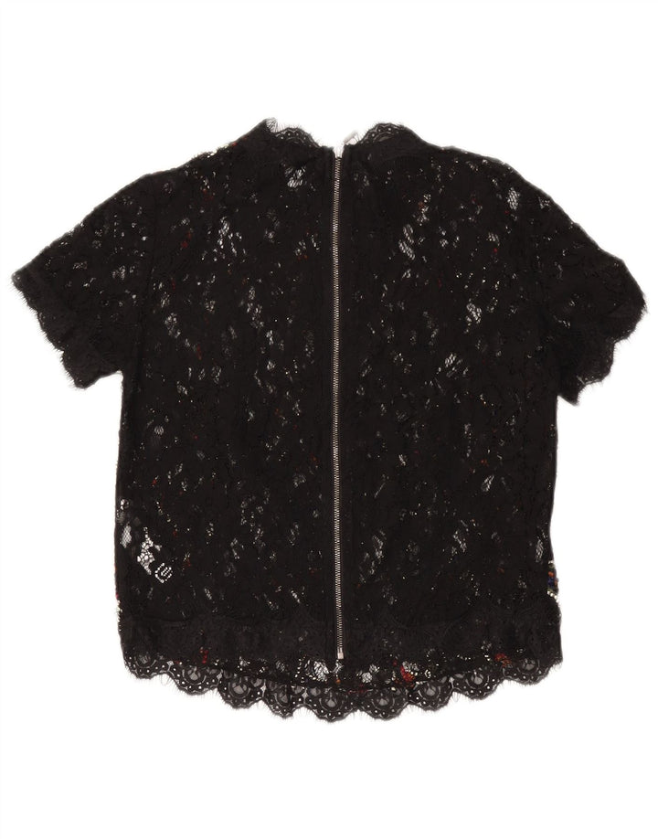 ZARA Womens See Through Lace Blouse Top UK 10 Small Black Floral Nylon