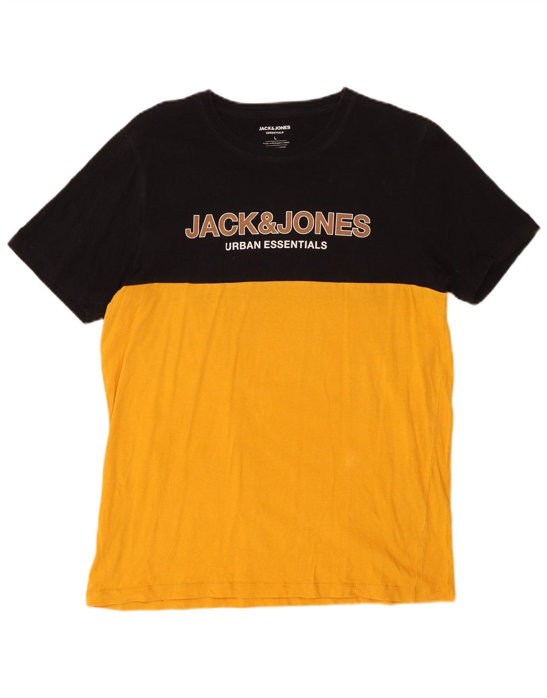 JACK & JONES Mens Graphic T-Shirt Top Large Yellow Colourblock Cotton