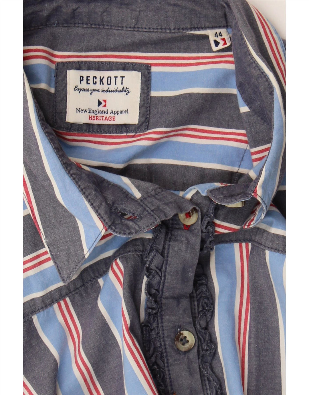PECKOTT Womens Heritage Ruffle Front Shirt EU 44 XL Blue Striped Vintage Peckott and Second-Hand Peckott from Messina Hembry 