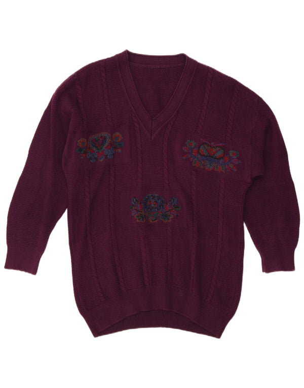 VINTAGE Mens V-Neck Jumper Sweater XL Purple Floral