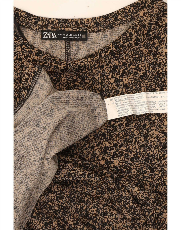 Zara Womens Long Sleeve Basic Dress UK 14 Medium Brown Floral Polyester