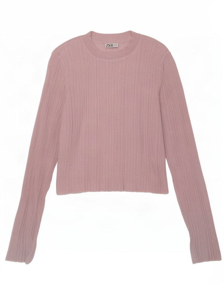 Zara Womens Crop Top Long Sleeve UK 12 Medium Pink Viscose