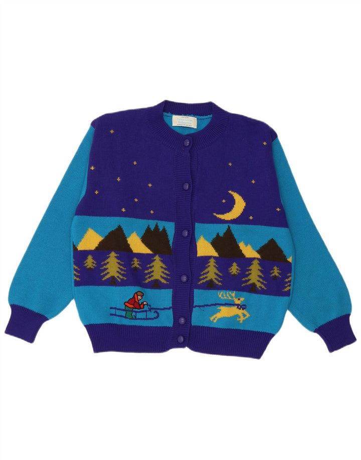 Benetton Womens Winter Crop Cardigan Sweater IT 48 XL Blue Colourblock Wool