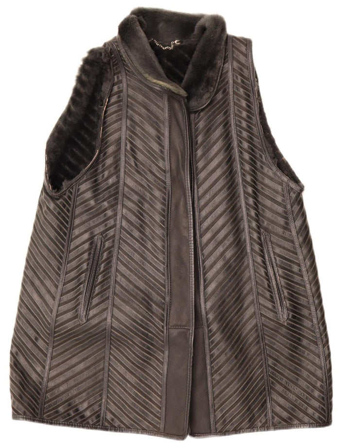 VINTAGE Womens Sherpa Longline Gilet EU 40 Medium Grey Striped Leather