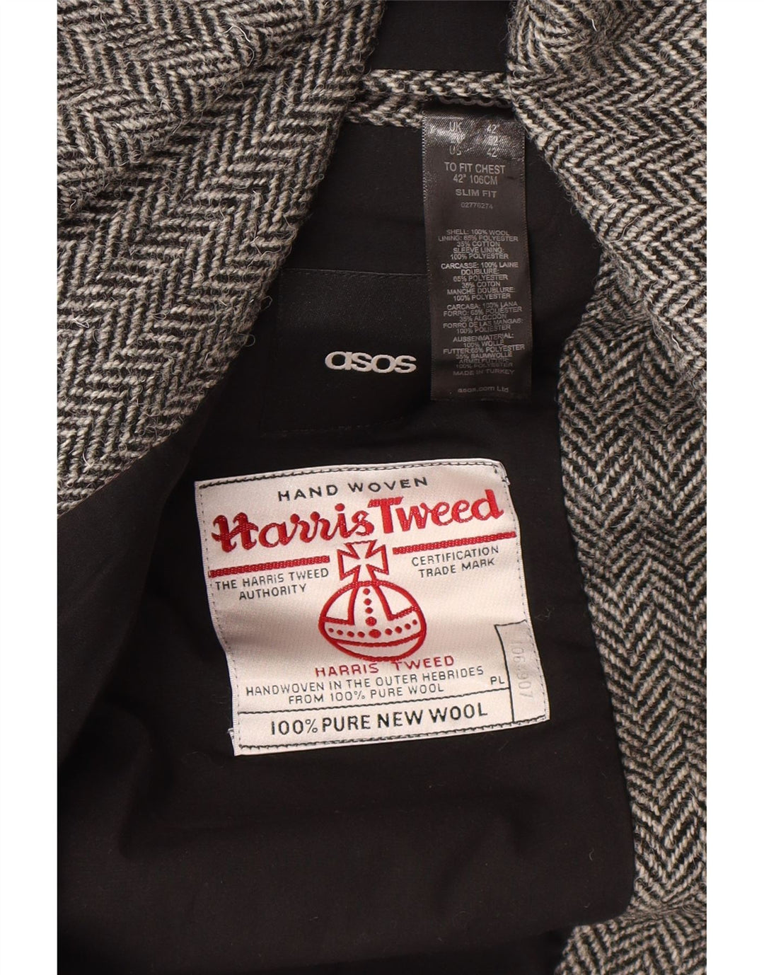 Asos Harris Tweed Mens Slim Fit Blazer Jacket UK 42 XL Grey Herringbone