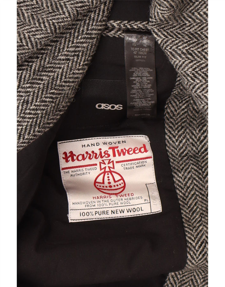 Asos Harris Tweed Mens Slim Fit Blazer Jacket UK 42 XL Grey Herringbone