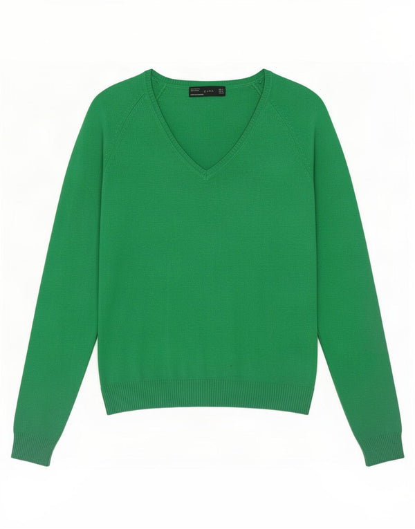 Zara Womens V-Neck Jumper Sweater UK 14 Large Green Cotton