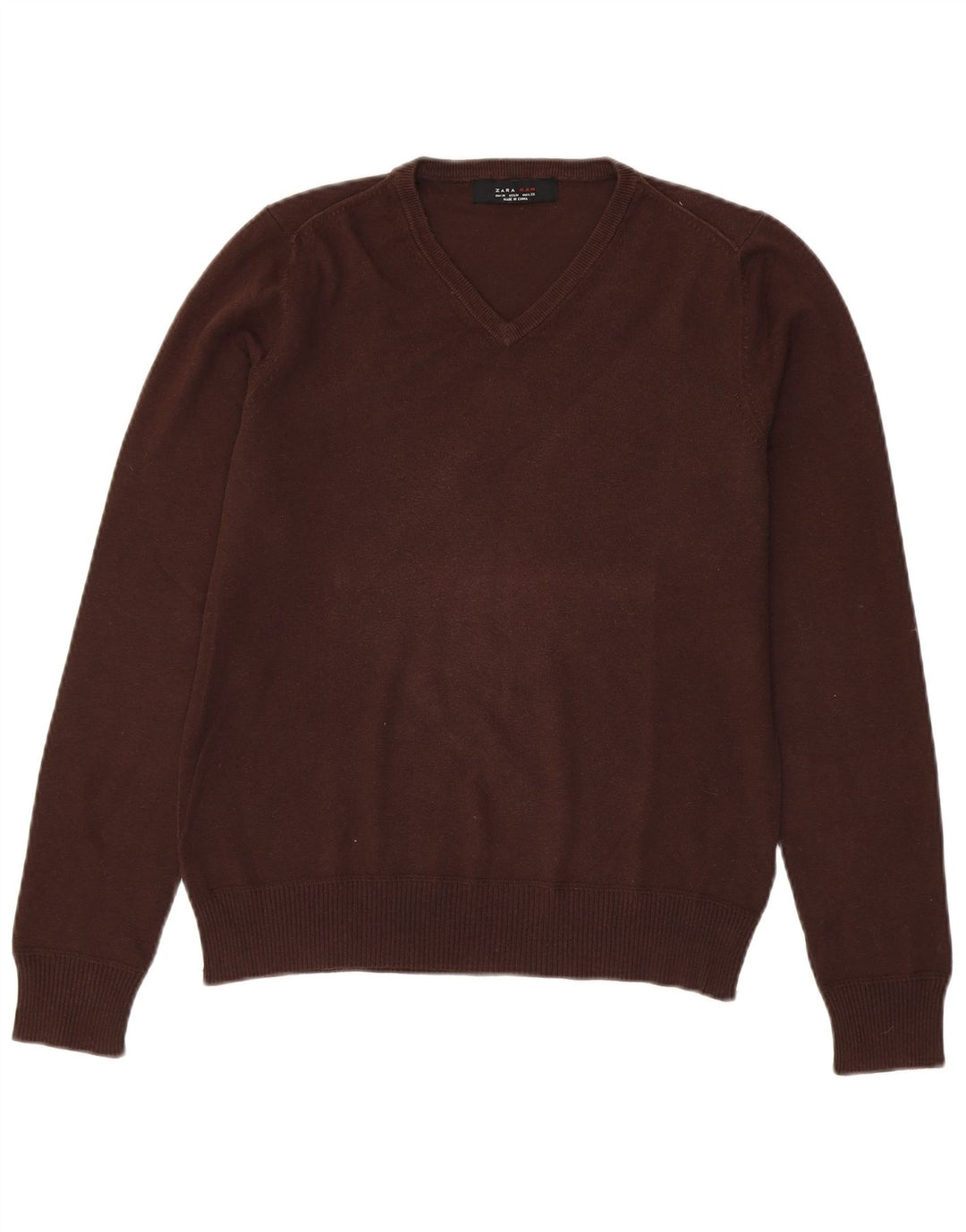 Zara Mens V-Neck Jumper Sweater Medium Brown Cotton