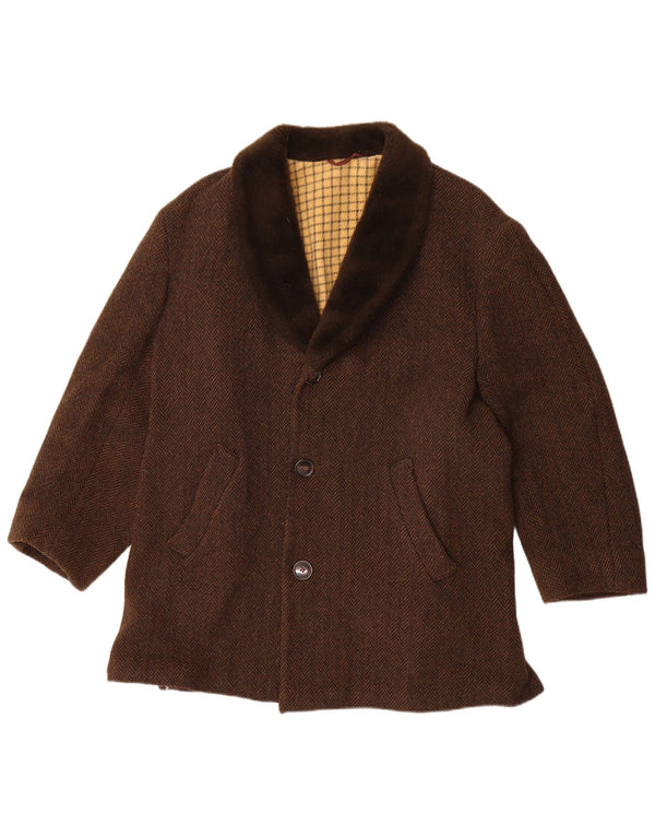 Vintage Mens 3/4 Sleeve Overcoat UK 40 Large Brown Herringbone