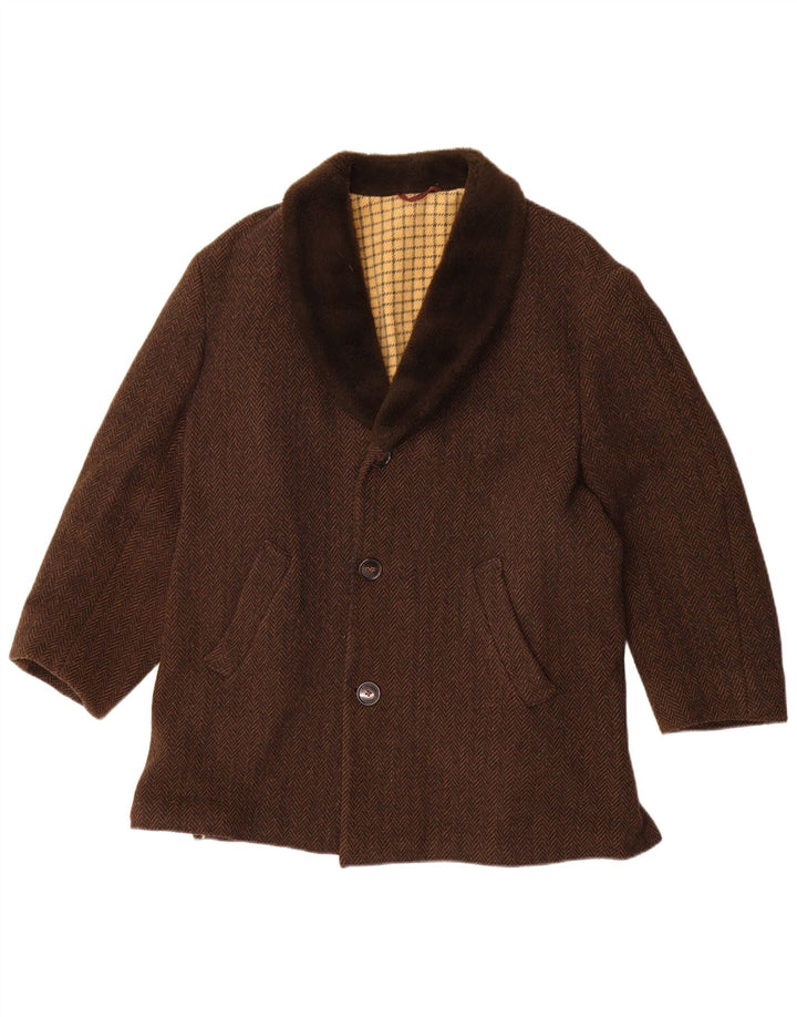 Vintage Mens 3/4 Sleeve Overcoat UK 40 Large Brown Herringbone