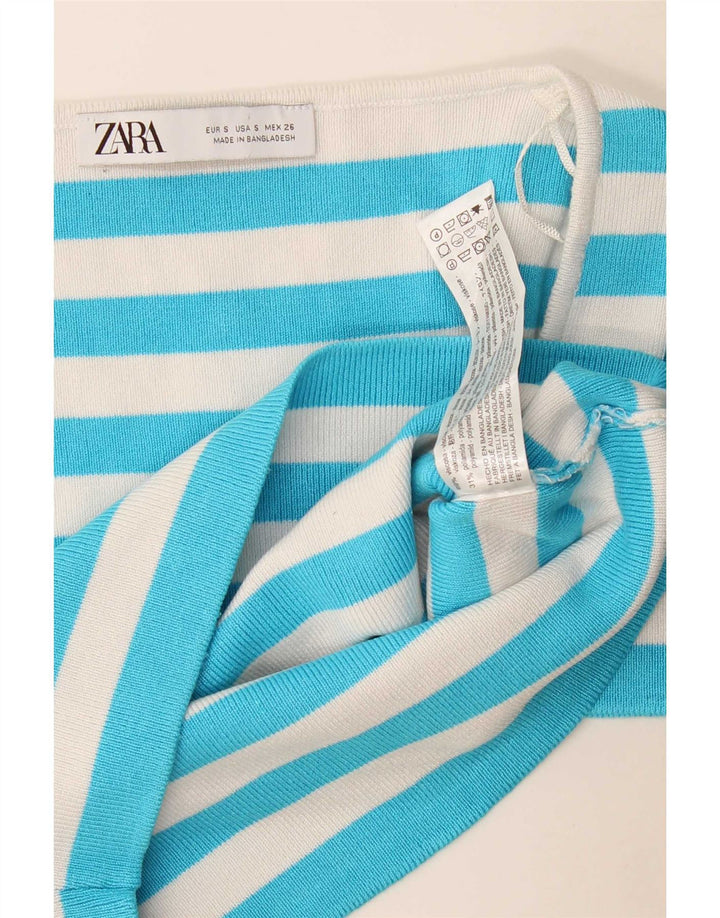 Zara Womens Crop Top UK 8 Small Blue Striped Viscose