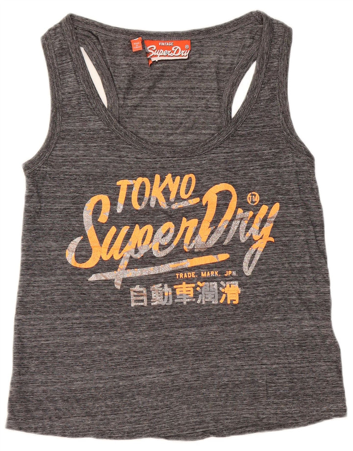 SUPERDRY Womens Graphic Vest Top UK 10 Small Grey Flecked Cotton