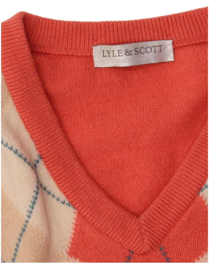 LYLE & SCOTT Mens V-Neck Jumper Sweater XL Orange Argyle/Diamond