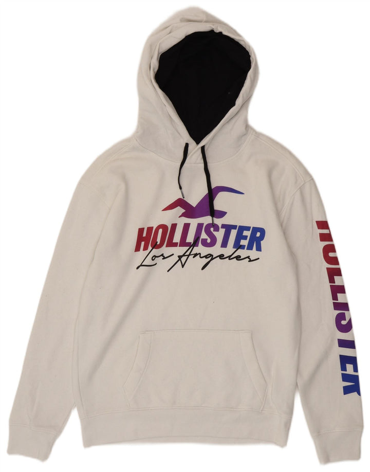 HOLLISTER Mens Graphic Hoodie Jumper Small White Cotton