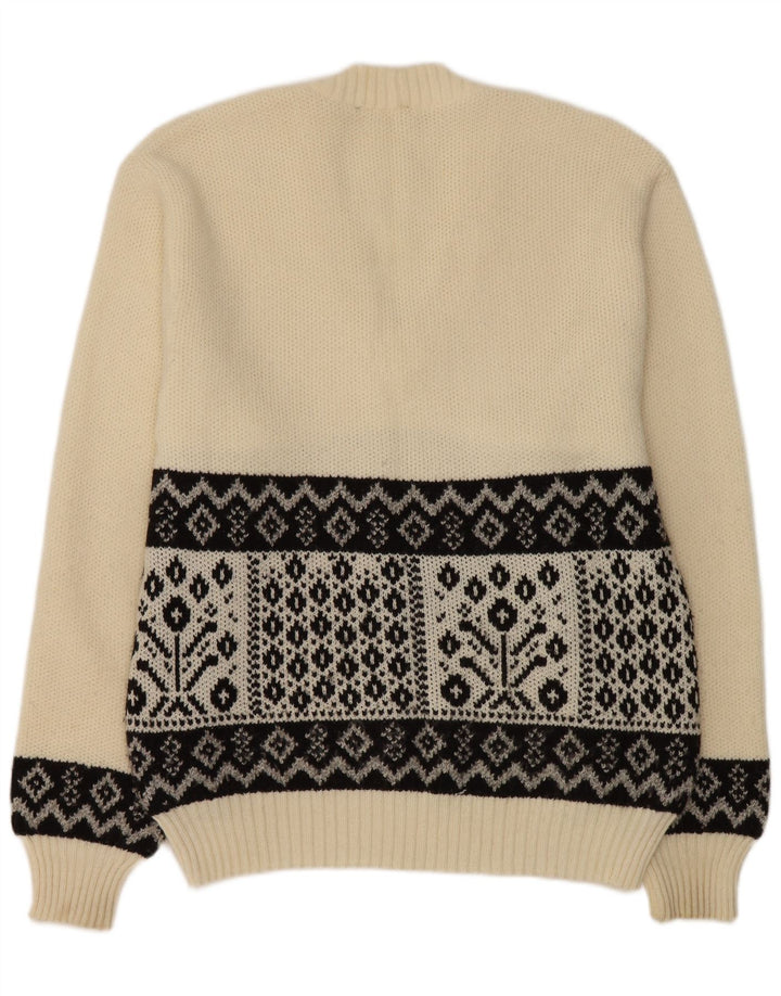Vintage Mens V-Neck Jumper Sweater Medium White Geometric