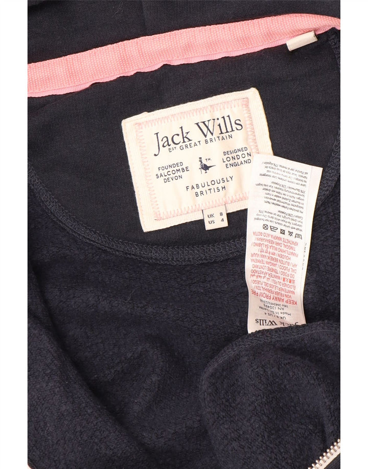 JACK WILLS Womens Graphic Zip Hoodie Sweater UK 8 Small Navy Blue Cotton