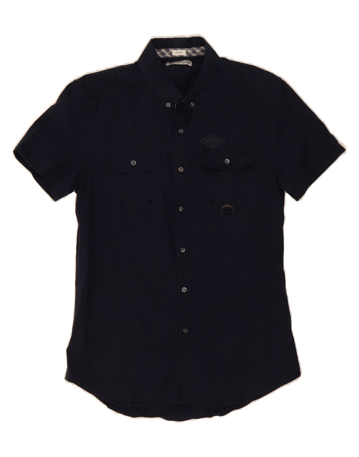 REPLAY Mens Short Sleeve Shirt Small Navy Blue Cotton Vintage Replay and Second-Hand Replay from Messina Hembry 