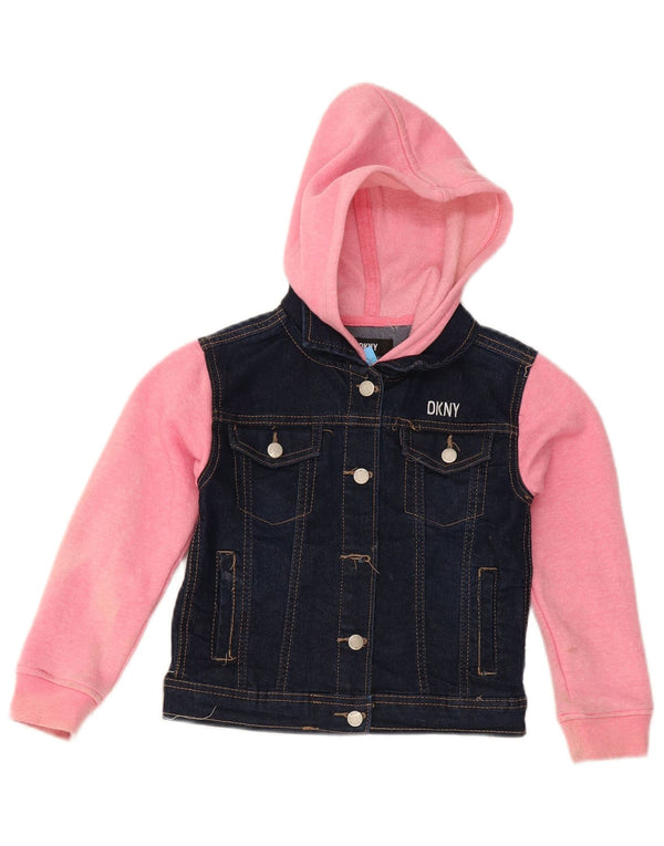 Dkny Girls Hooded Denim Jacket 5-6 Years Navy Blue Colourblock Cotton