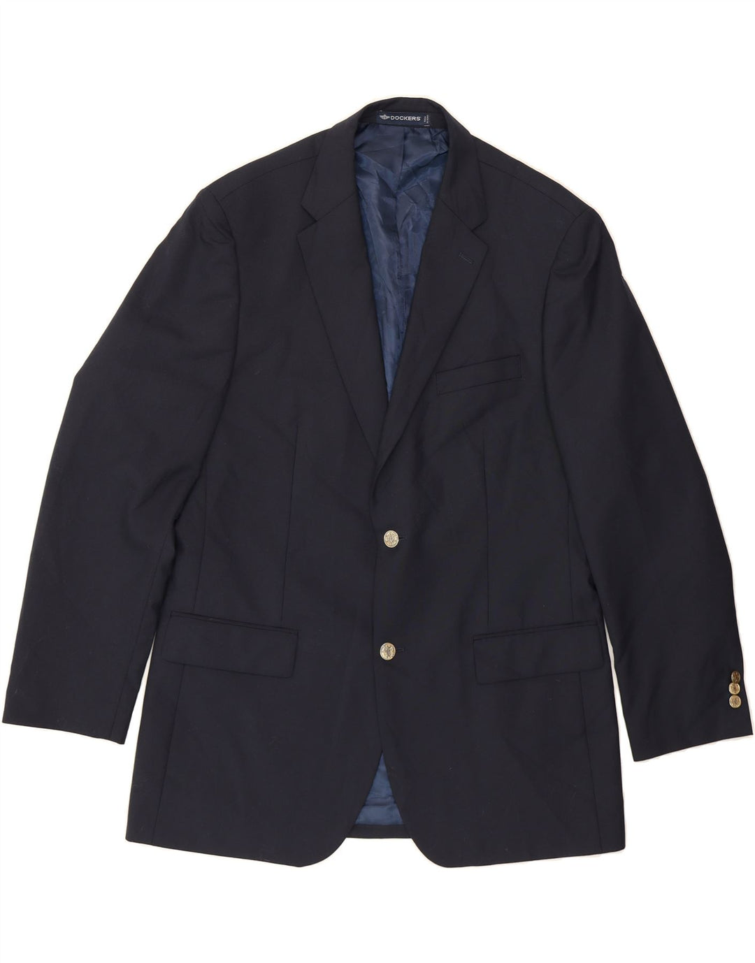 DOCKERS Mens Longline 2 Button Blazer Jacket UK 42 XL Navy Blue Polyester Vintage Dockers and Second-Hand Dockers from Messina Hembry 