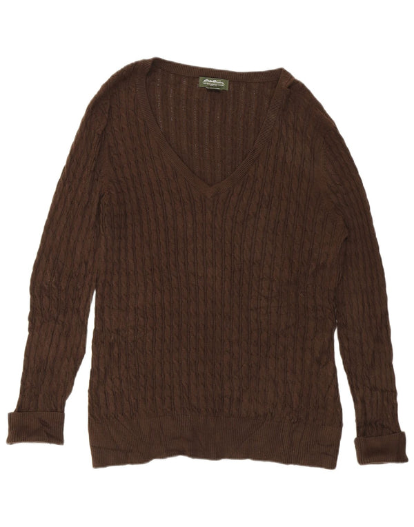 EDDIE BAUER Womens V-Neck Jumper Sweater UK 18 XL Brown Cotton