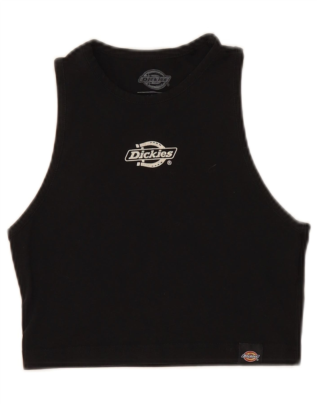 DICKIES Womens Slim Crop Graphic Vest Top UK 4 XS Black Cotton